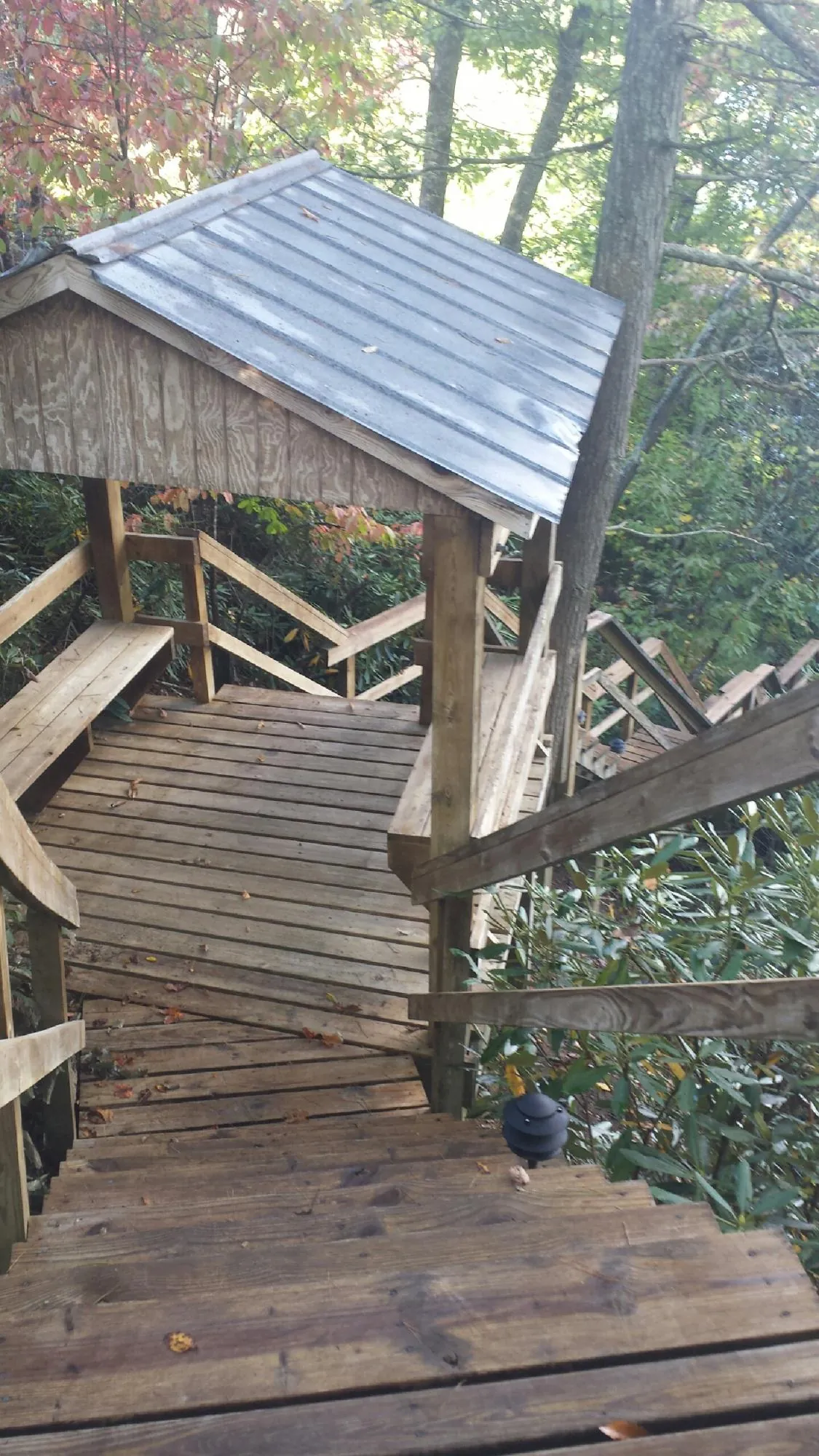 Metal roofed shelter over wooden steps on a wooded walkway — Skylight Repair & Installation work by our crew in Calhoun City